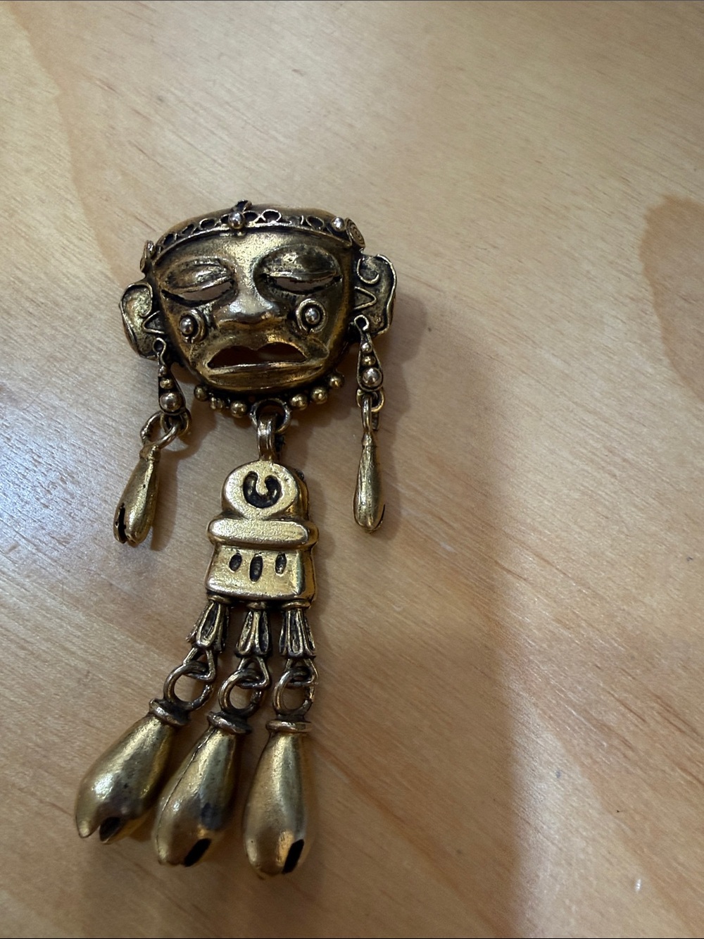 Antique-Inspired Gold Face Dangle Brooch - Women's Jewelry